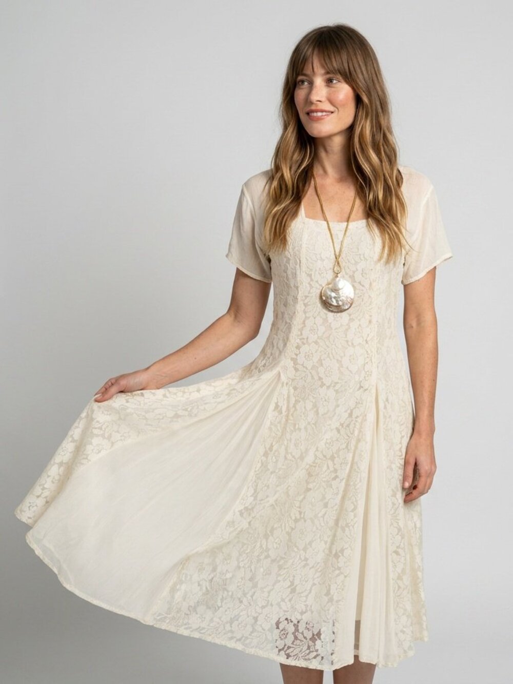 Lace Dress Ivory Cream Crepe Romantic Vintage Boho Wedding 90s Maxi Sundress